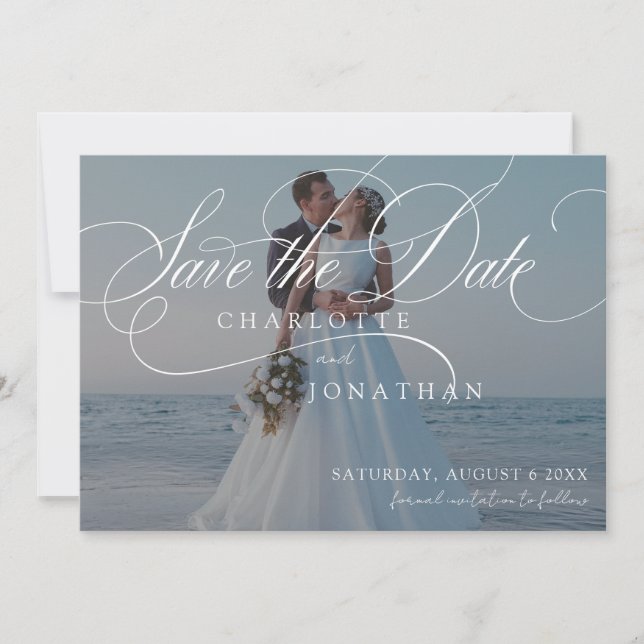 Elegant Calligraphy 2 Photo Wedding Save The Date (Front)