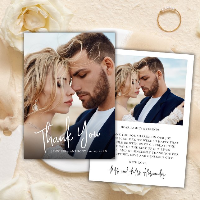 Elegant Calligraphy 2 Photo Wedding Thank You Card (Creator Uploaded)