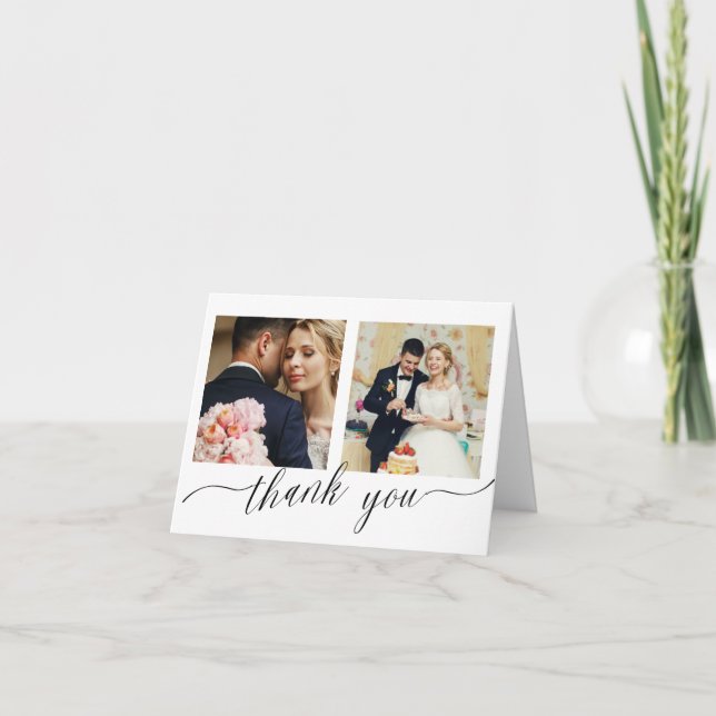 Elegant Calligraphy 3 photo wedding thank you card (Front)