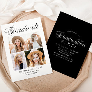 Elegant Calligraphy 4 Photo Graduation Party Invitation