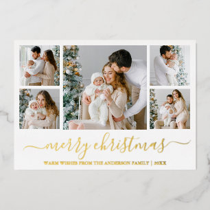 Elegant Calligraphy 5 Photo Merry Christmas Gold Foil Holiday Card