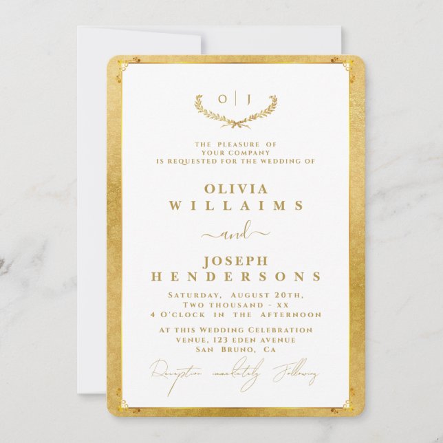 ELEGANT CALLIGRAPHY AND FRAME GOLDEN CHIC WEDDING INVITATION (Front)