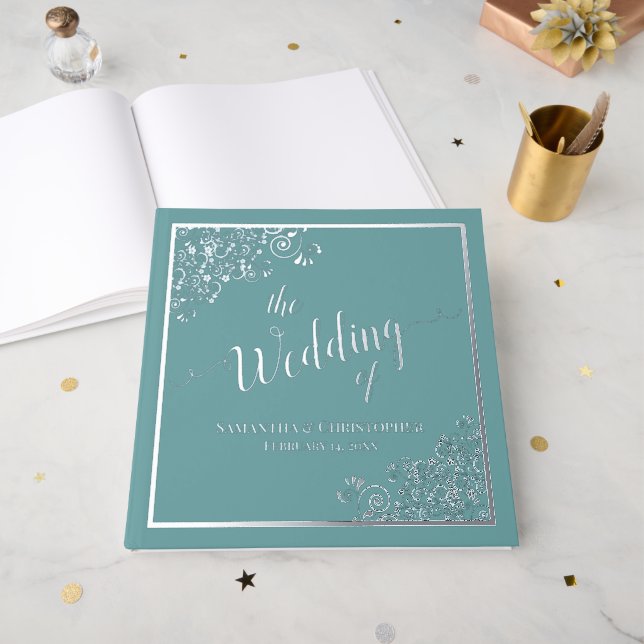 Elegant Calligraphy Aqua Teal Silver Foil Wedding Guest Book (Front Open)