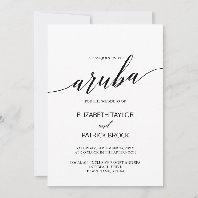 Elegant Calligraphy Aruba Destination Wedding Invitation (Front)
