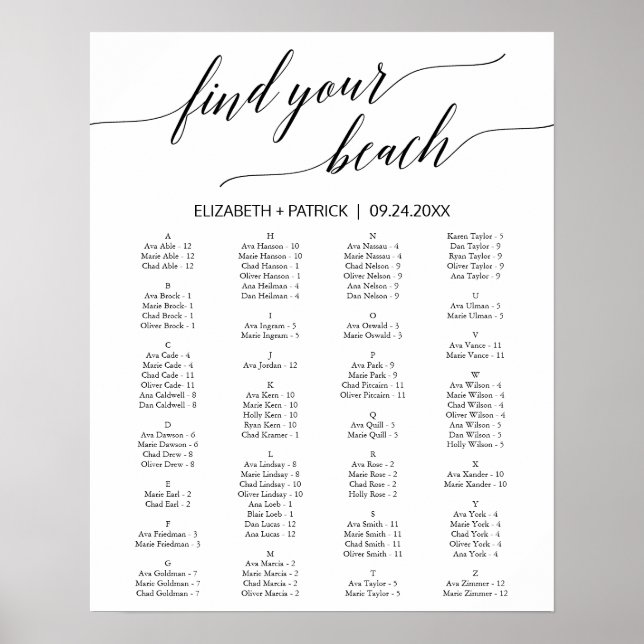 Elegant Calligraphy Beach Theme Seating Chart (Front)