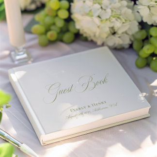 Elegant Calligraphy Beige & Sage Green Wedding Guest Book