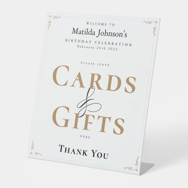  Elegant Calligraphy Birthday White Gold Vintage Pedestal Sign (Front)