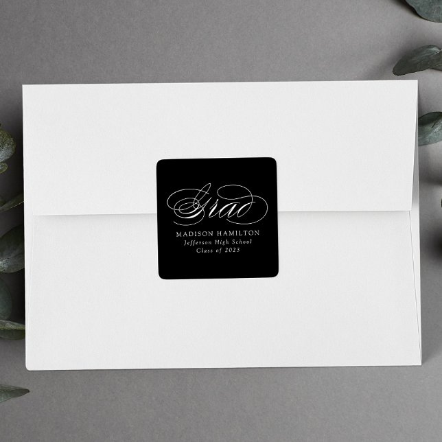 Elegant Calligraphy Black and White Graduation Square Sticker (Creator Uploaded)