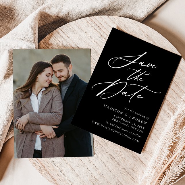 Elegant Calligraphy Black and White Photo Wedding Save The Date (Creator Uploaded)