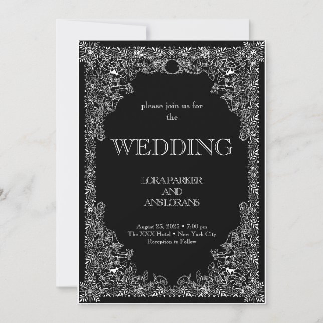 Elegant Calligraphy Black and White Wedding  Invitation (Front)