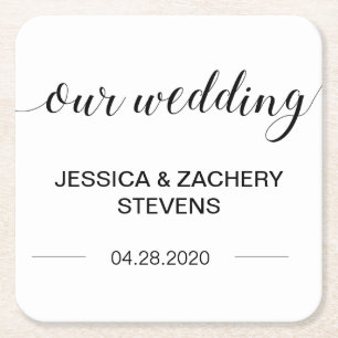 Elegant Calligraphy Black and White Wedding Square Paper Coaster