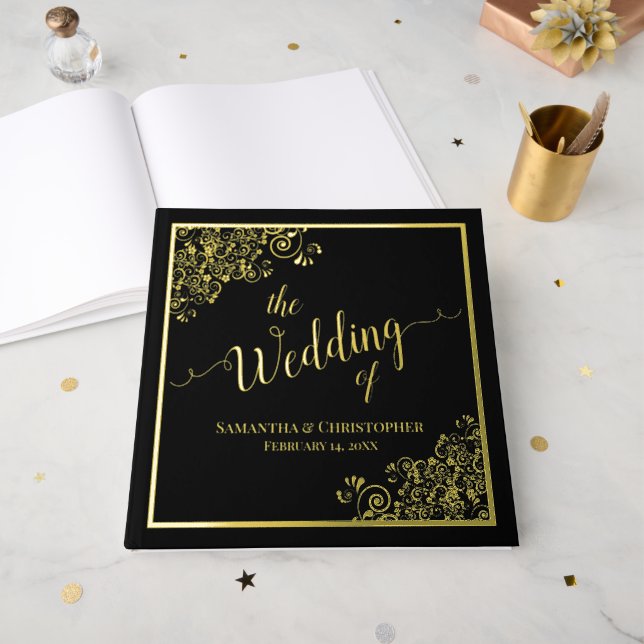 Elegant Calligraphy Black & Gold Foil Wedding Guest Book (Front Open)