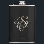 Elegant Calligraphy Black Monogram Bridesmaid Gift Hip Flask<br><div class="desc">This lovely custom bridesmaid flask features personalised bridesmaid's name,  calligraphy monogram in golden colour,  bride and groom's names,  and wedding date. All text is editable. You can also easily change the background and fonts colours to match your event if you like.</div>