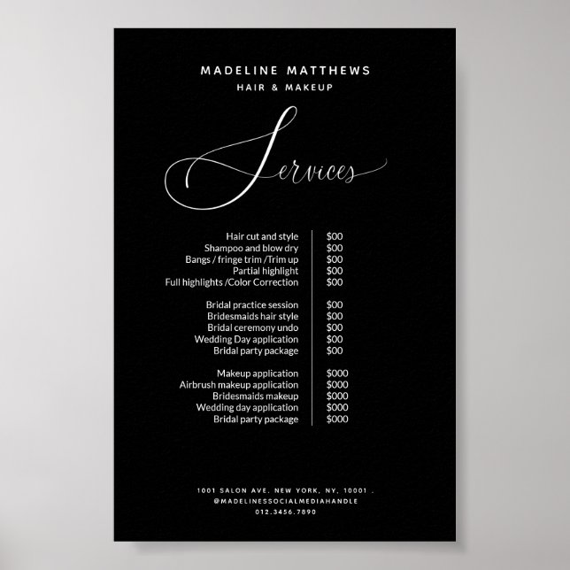 Elegant Calligraphy Black Salon Price List Service Poster (Front)