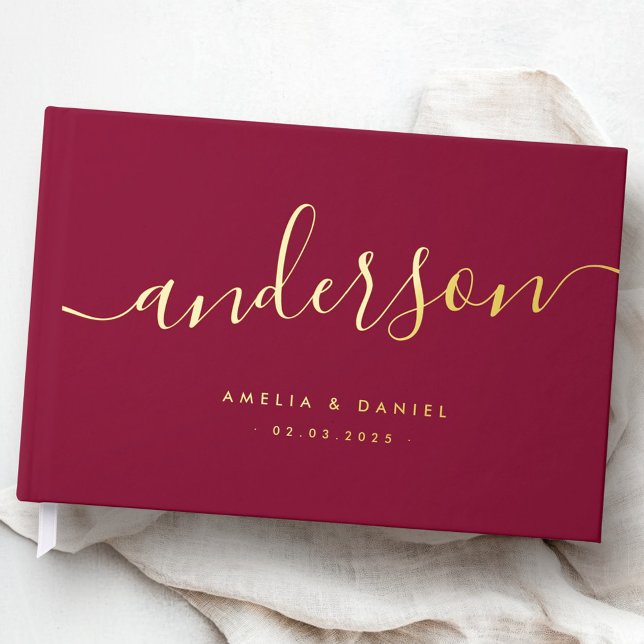 Elegant calligraphy black wedding burgundy real guest book (Elegant calligraphy black wedding burgundy real foil guest book)