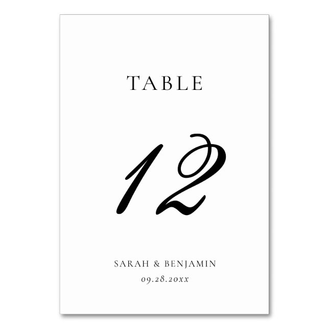 Elegant Calligraphy Black & White Luxury Wedding Table Number (Front)