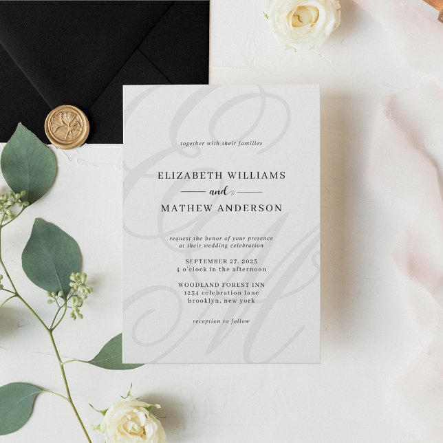 Elegant Calligraphy Black White Monogram Wedding Invitation (Creator Uploaded)