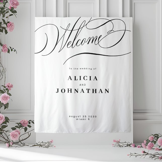 Elegant calligraphy black white welcome wedding tapestry (Creator Uploaded)