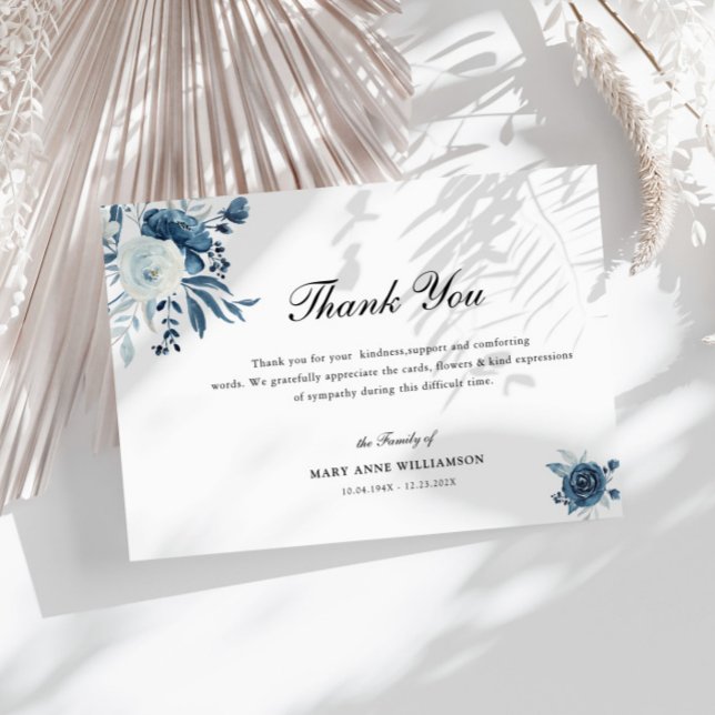 elegant calligraphy blue floral funeral  thank you card (Creator Uploaded)