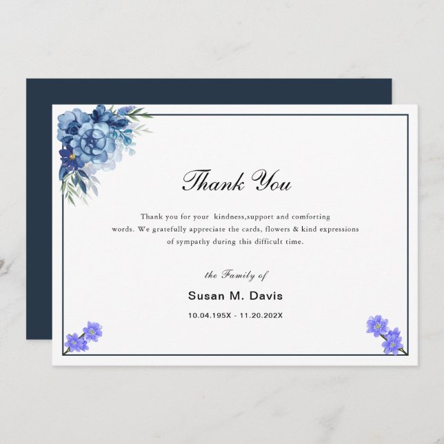 elegant calligraphy blue floral funeral thank you card (Front/Back)