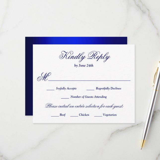 Elegant Calligraphy Blue Meal Choice RSVP Card (Front/Back In Situ)