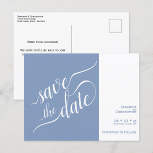 Elegant Calligraphy Blue Wedding Save the Date Announcement Postcard