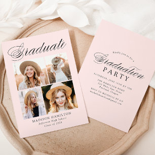 Elegant Calligraphy Blush 4 Photo Graduation Party Invitation