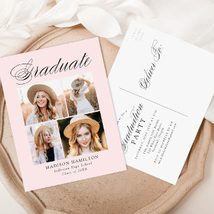 Elegant Calligraphy Blush 4 Photo Graduation Party Invitation Postcard