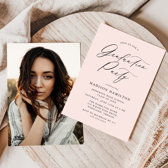 Elegant Calligraphy Blush Photo Graduation Party Invitation (Creator Uploaded)