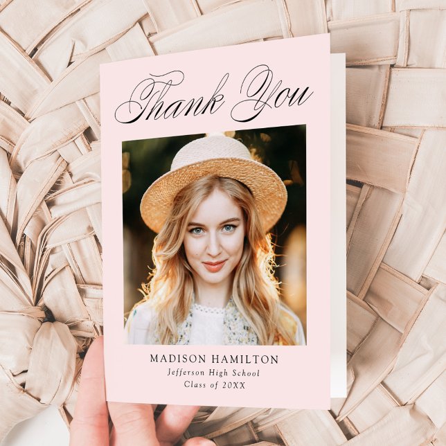 Elegant Calligraphy Blush Pink Photo Graduation Thank You Card (Creator Uploaded)