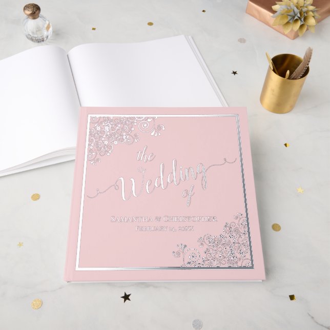 Elegant Calligraphy Blush Pink Silver Foil Wedding Guest Book (Front Open)