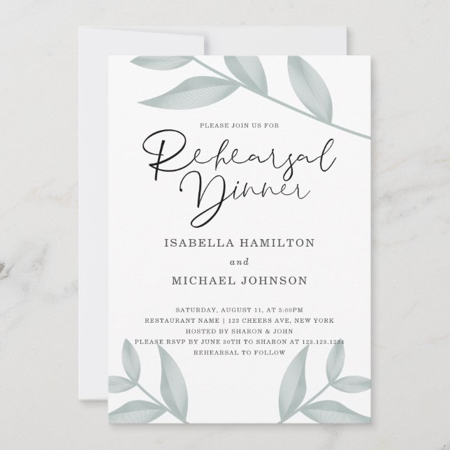 Elegant calligraphy Botanical Rehearsal Dinner Invitation (Front)