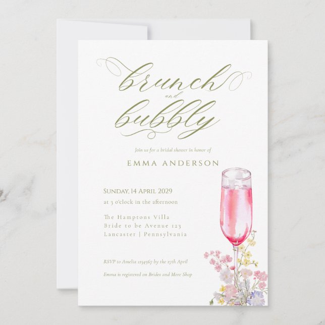 Elegant Calligraphy Brunch & Bubbly Bridal Shower Invitation (Front)