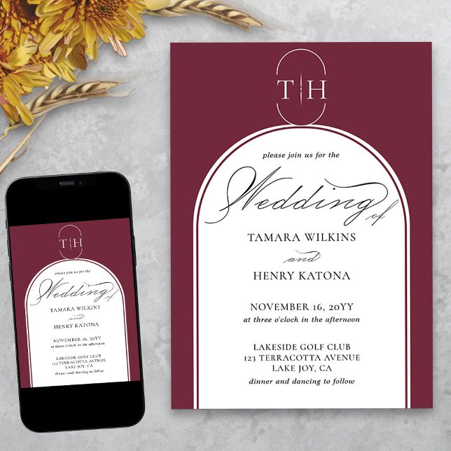 Elegant Calligraphy Burgundy Monogrammed Wedding Invitation (Elegant monogrammed burgundy wedding invitation from my Wedding Colors collection)