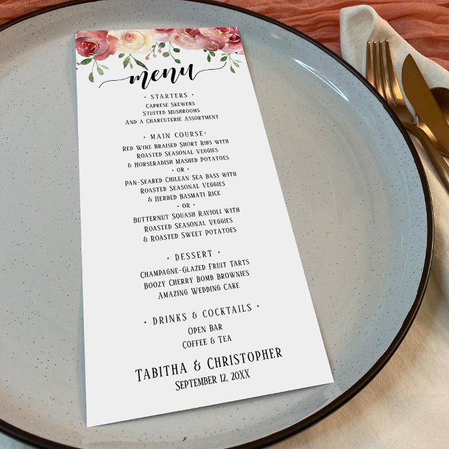 Elegant Calligraphy, Burgundy & Peach Blush Roses Menu (Creator Uploaded)