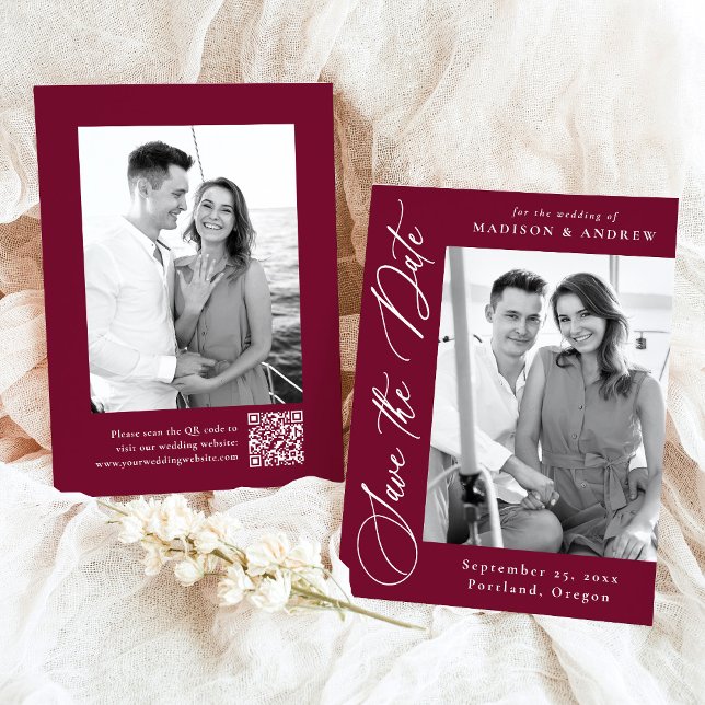 Elegant Calligraphy Burgundy Photo QR Code Wedding Save The Date (Creator Uploaded)