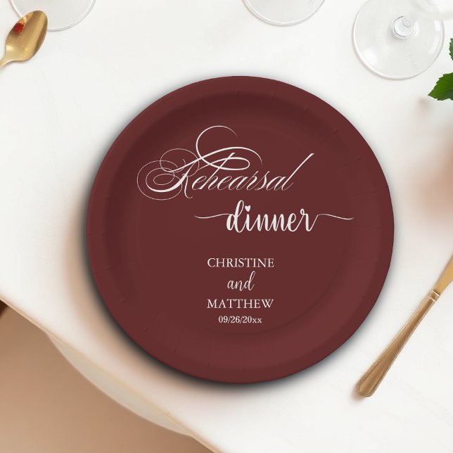 Elegant Calligraphy Burgundy Rehearsal Dinner Paper Plate (Creator Uploaded)