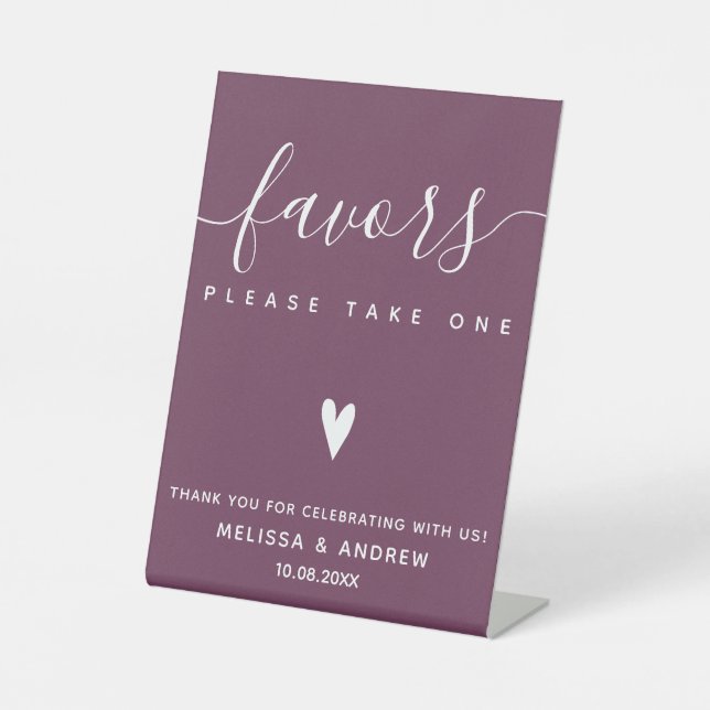 Elegant Calligraphy Burgundy Wedding Favours Table Pedestal Sign (Front)