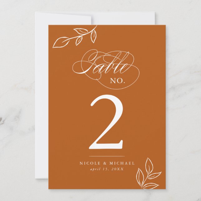 Elegant Calligraphy Burnt Orange Table Number (Front)