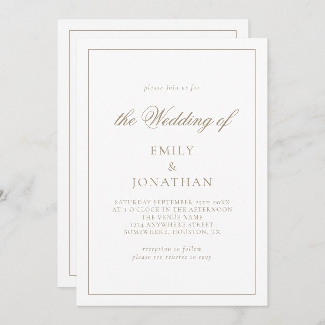 Elegant Calligraphy Champagne Gold Wedding Invitation (Front/Back)