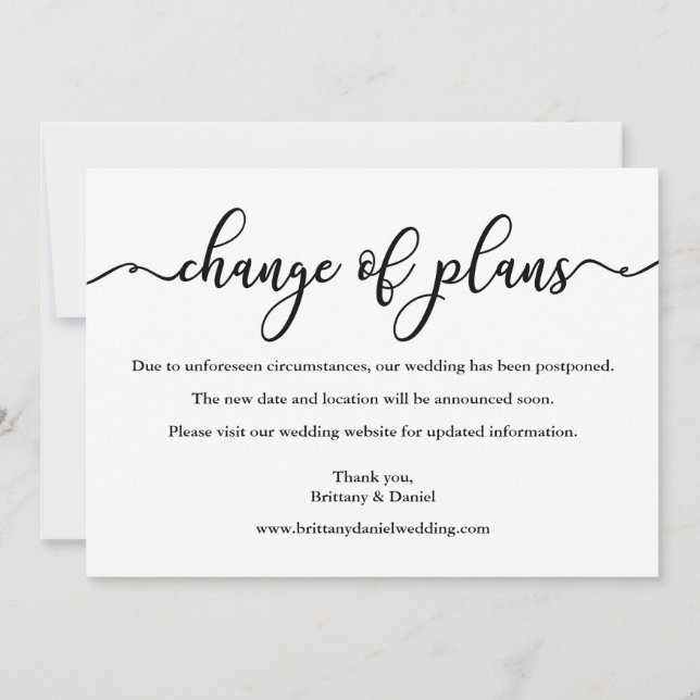 Elegant Calligraphy Change Of Plans Wedding Card (Front)