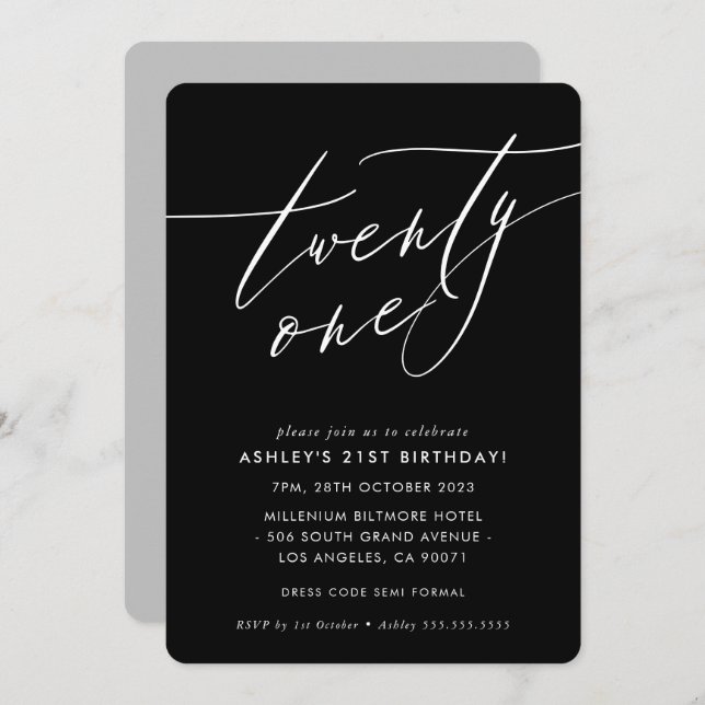 ELEGANT Calligraphy chic 21st birthday black white Invitation (Front/Back)