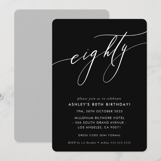 ELEGANT Calligraphy chic 80th birthday black white Invitation (Front/Back)