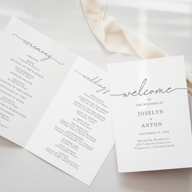Elegant Calligraphy Chic Grey Folded Wedding Program (Creator Uploaded)