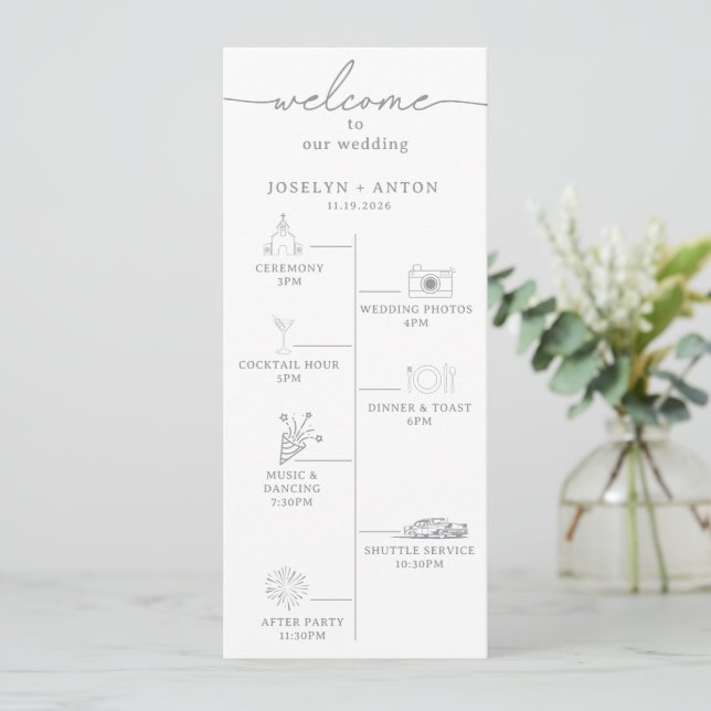 Elegant Calligraphy Chic Grey Timeline Wedding Program (Standing Front)