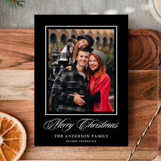 Elegant Calligraphy Christmas Black 4 Photo Holiday Card