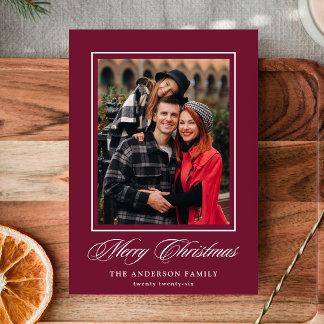 Elegant Calligraphy Christmas Burgundy 4 Photo Holiday Card