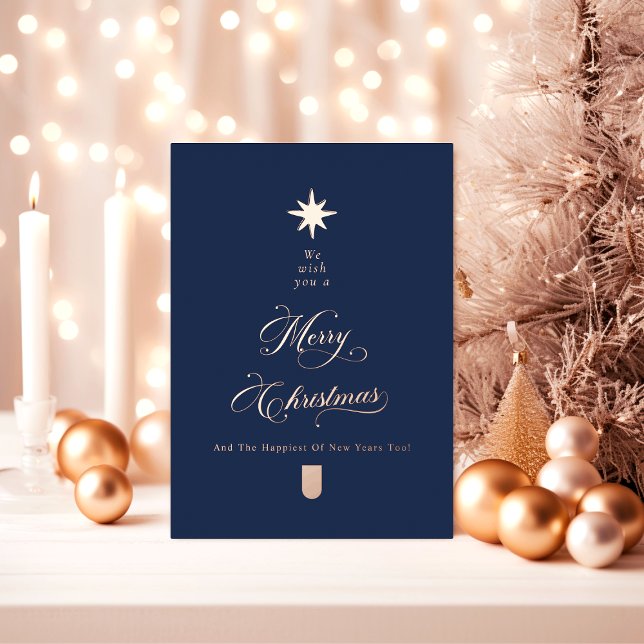 Elegant Calligraphy Christmas Tree Rose Gold Foil Holiday Card (Creator Uploaded)