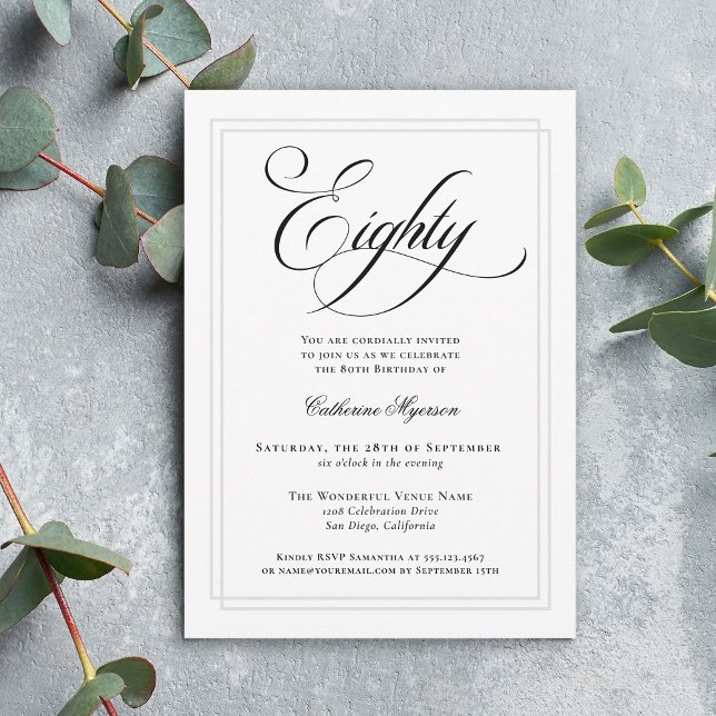 Elegant Calligraphy Classic 80th Birthday Party Invitation (Creator Uploaded)