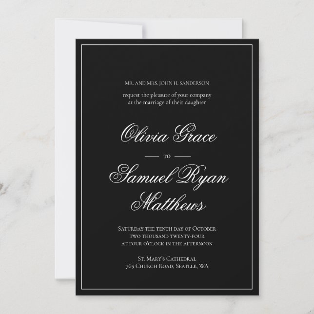Elegant Calligraphy Classic Border Black Wedding Invitation (Front)